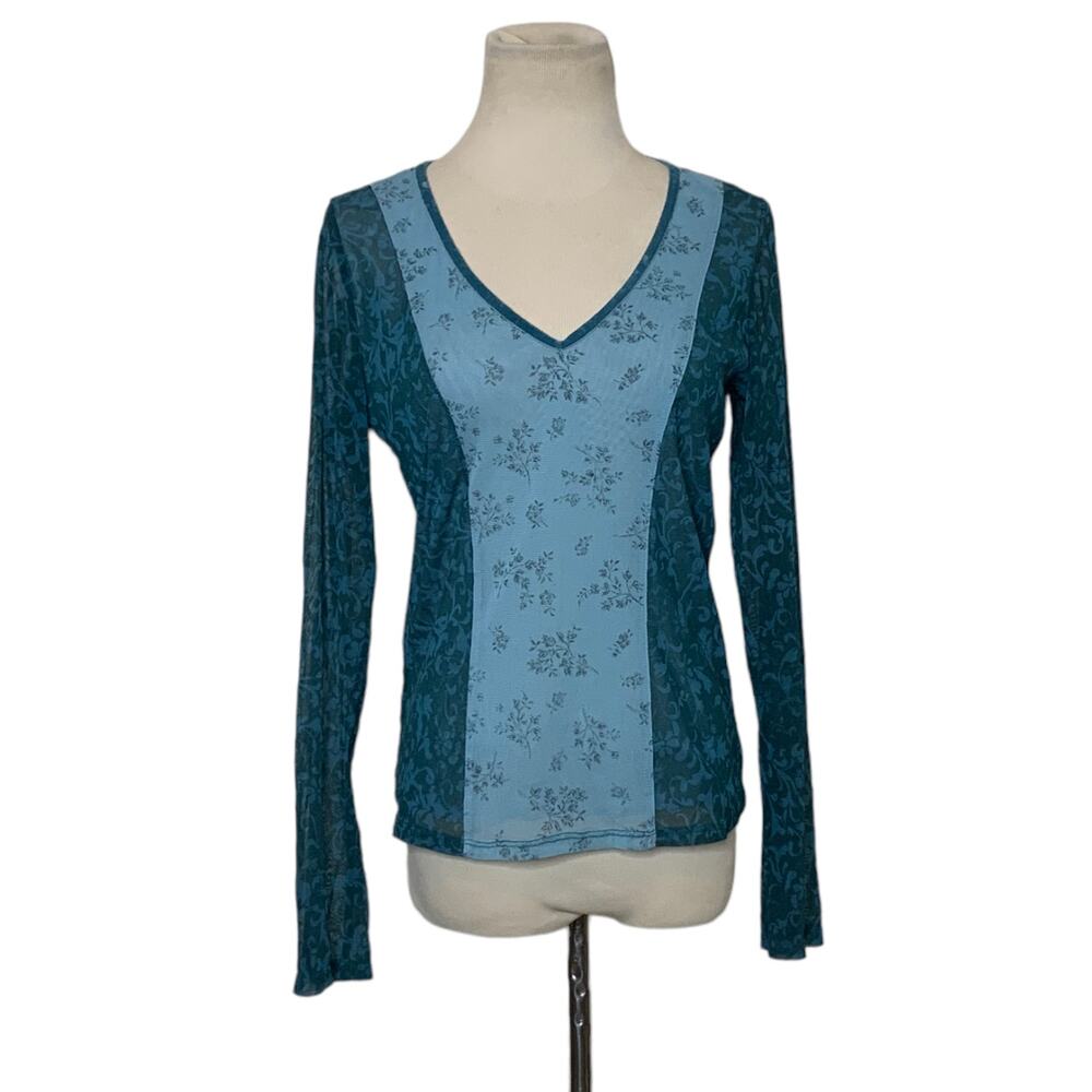 New York & Company v neck blue floral semi sheer long sleeves top size M